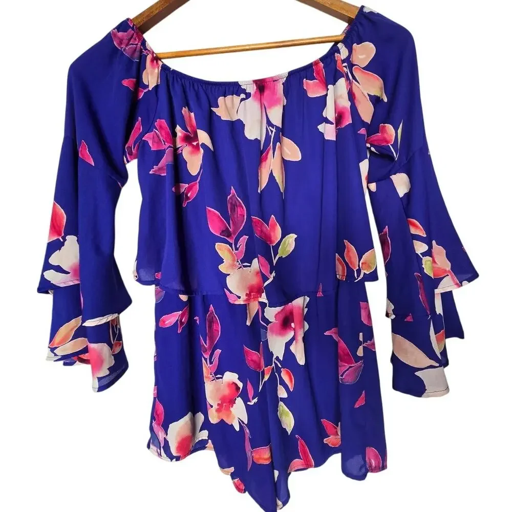Peach Love Blue Colorful Floral Summer Spring Off The Shoulder Romper Size M - Picture 3 of 4